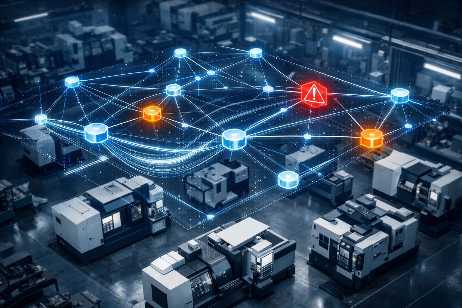 Cybersecurity network monitoring system tracking CNC machines for ransomware threats in factory