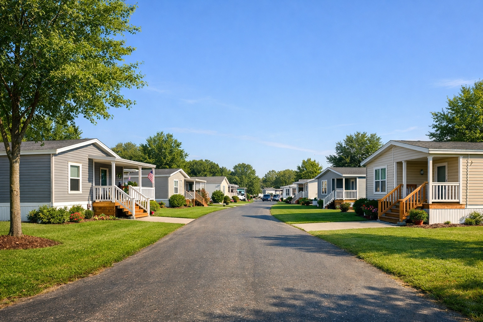 Modern manufactured home community in Crosby, Texas with green lawns and paved streets for families.