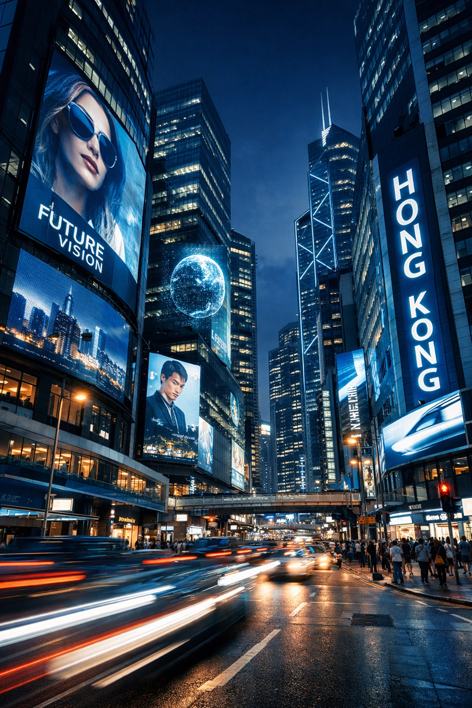 Global DOOH advertising displays on skyscrapers in a bustling Hong Kong business district.