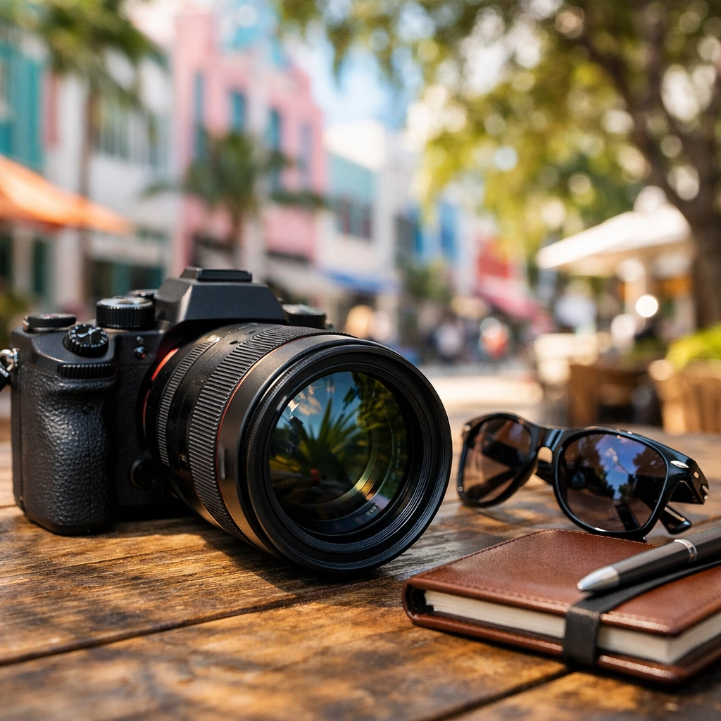 Professional photography equipment and planner at a Miami cafe, showcasing technical authority and brand style.
