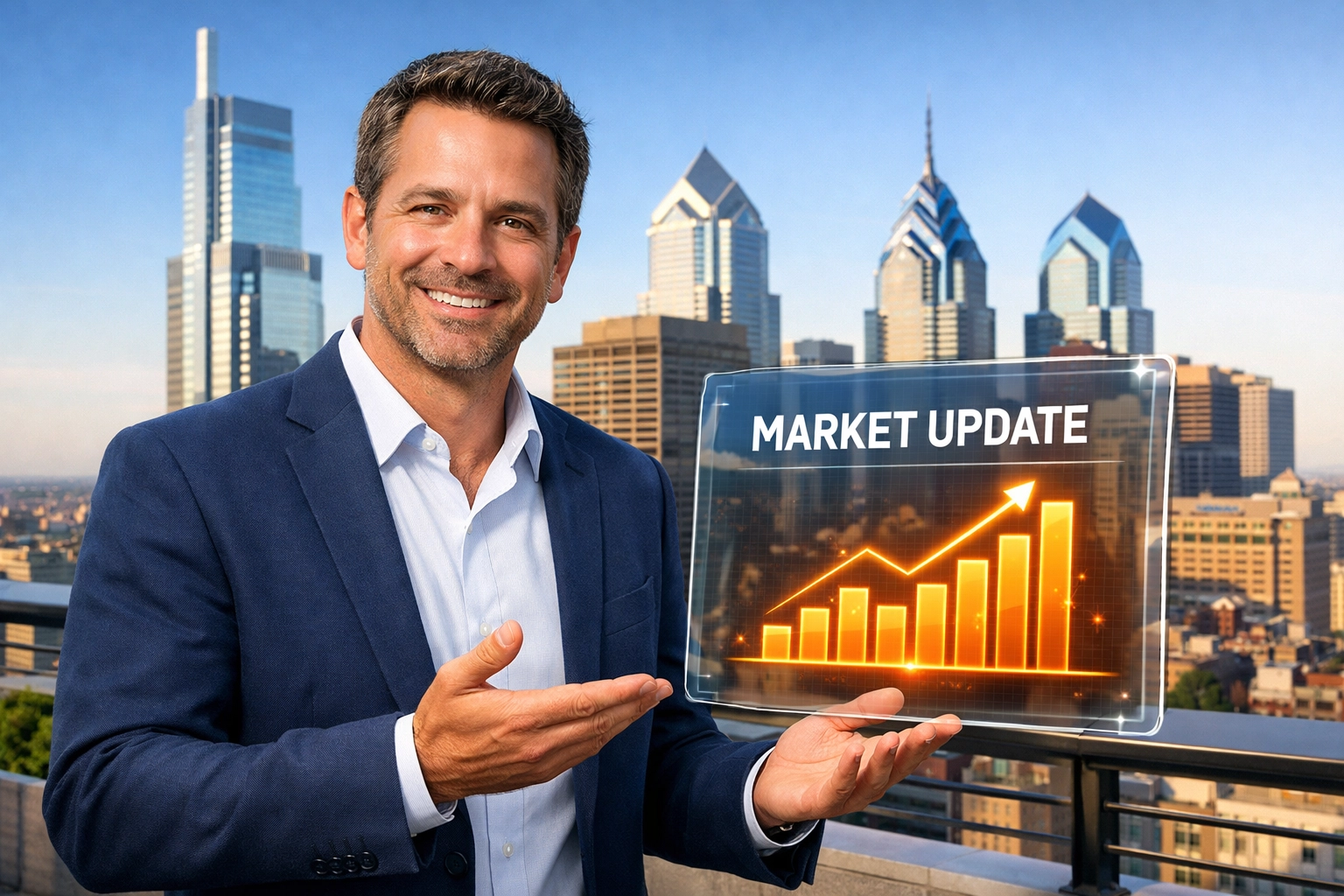 John Smart of SmartytheRealtor presenting a Philadelphia real estate market update against the city skyline.