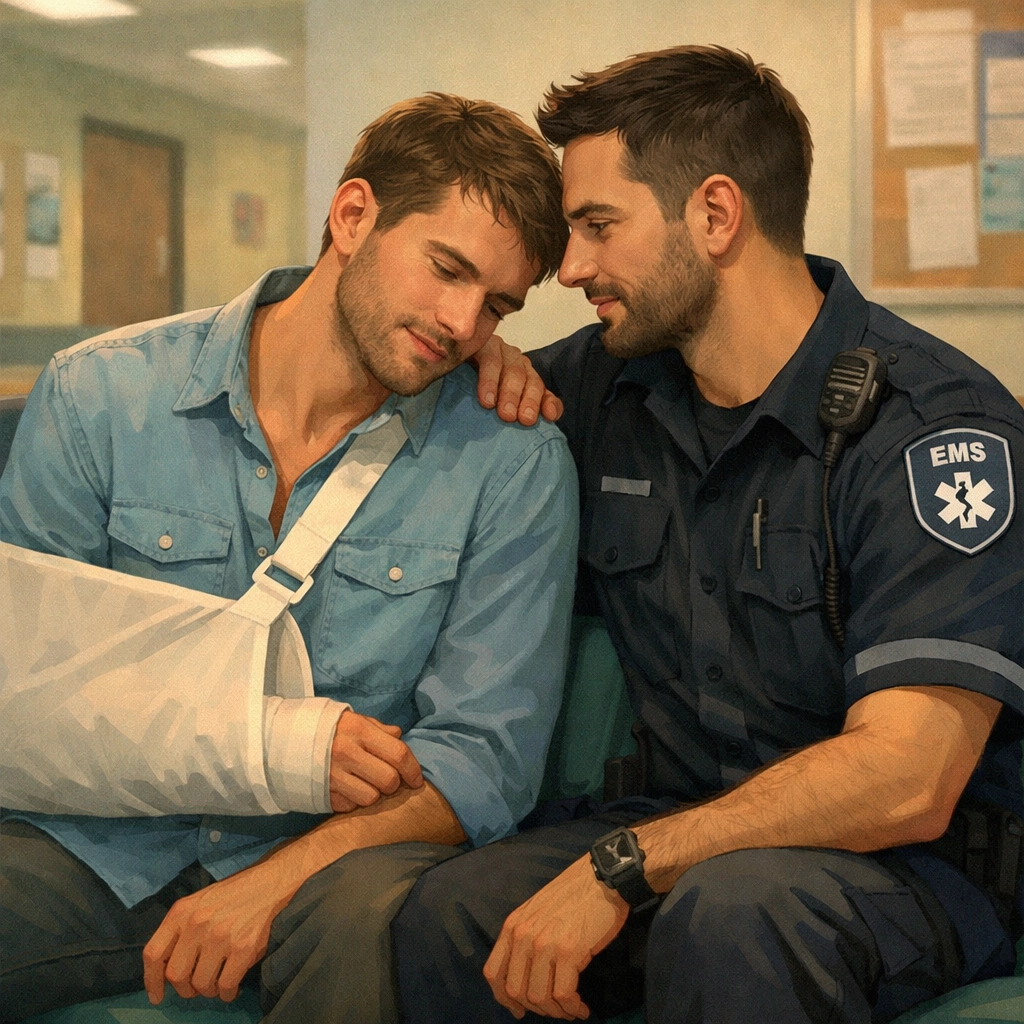 Two men connect emotionally in hospital waiting room - gay romance moment