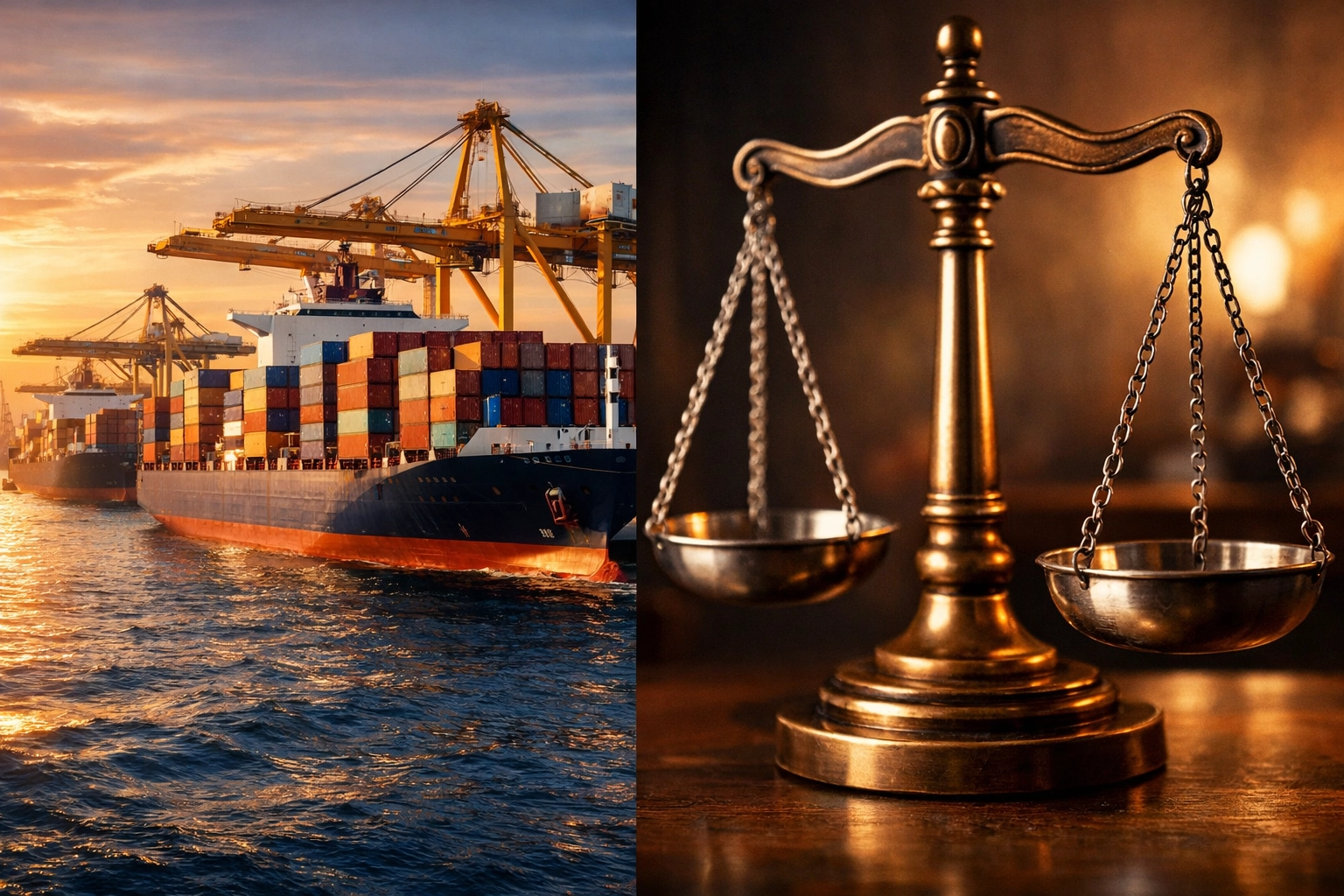 Global shipping port and scales of justice symbolizing biblical principles of fair trade