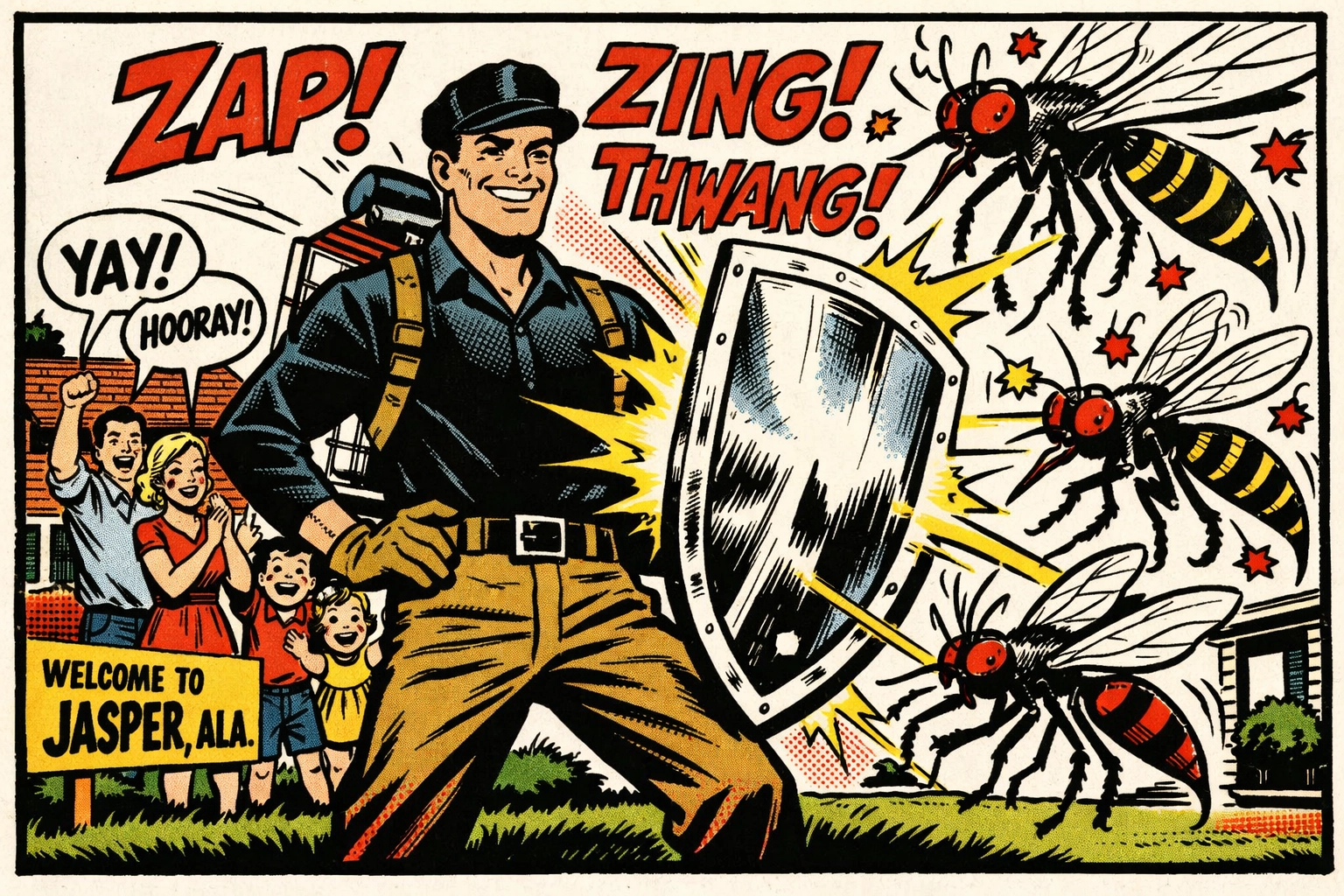 A local exterminator in Jasper AL using a protective shield to stop seasonal mosquitoes and wasps in a yard.