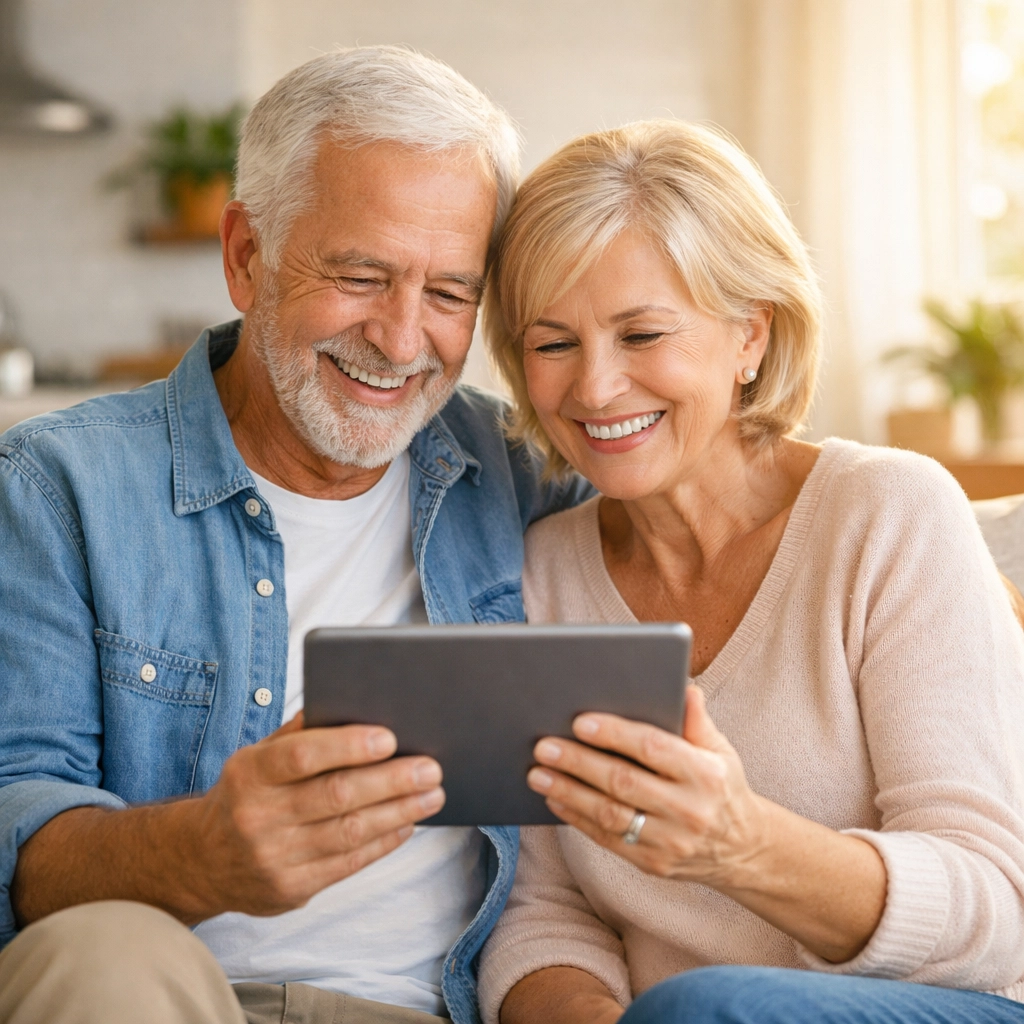 Minnesota couple smiling while navigating Medicare enrollment options together on a digital tablet.