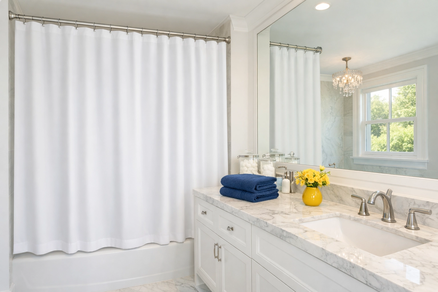A perfectly drawn shower liner in a bright, modern bathroom to prevent mildew growth.