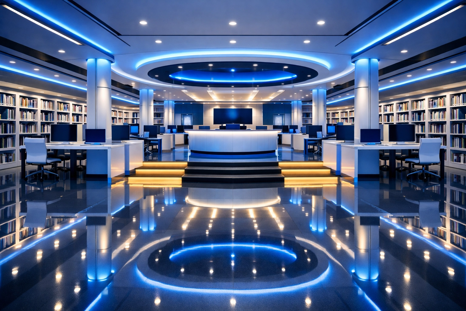Polished floors and organized shelves in a clean school library showcasing professional maintenance.