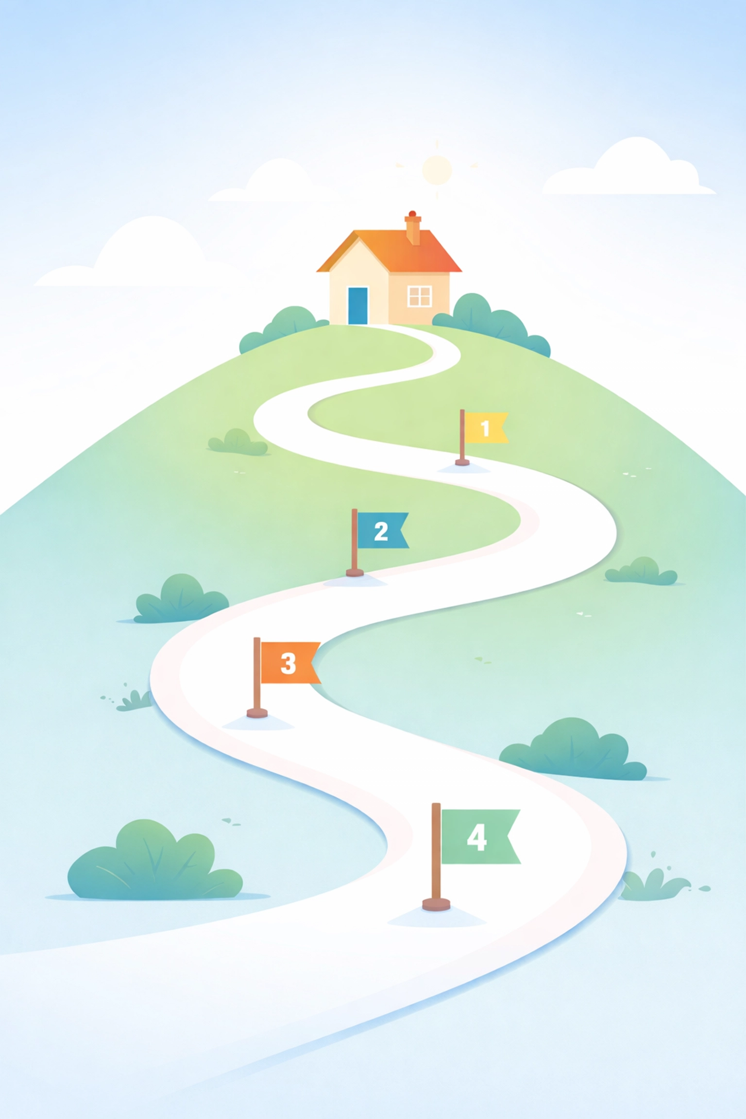Camino ascendente hacia casa con hitos, ilustrando progreso para alcanzar el crédito ideal
