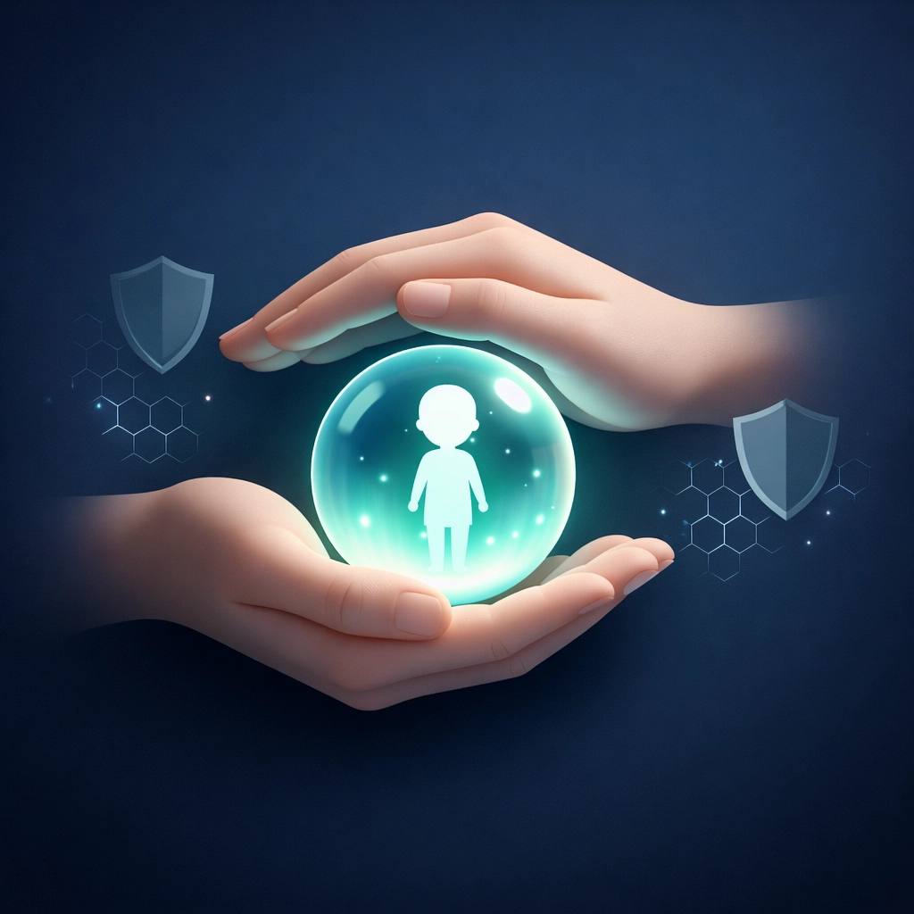 Protective hands shielding child figure with security barriers representing digital parenting