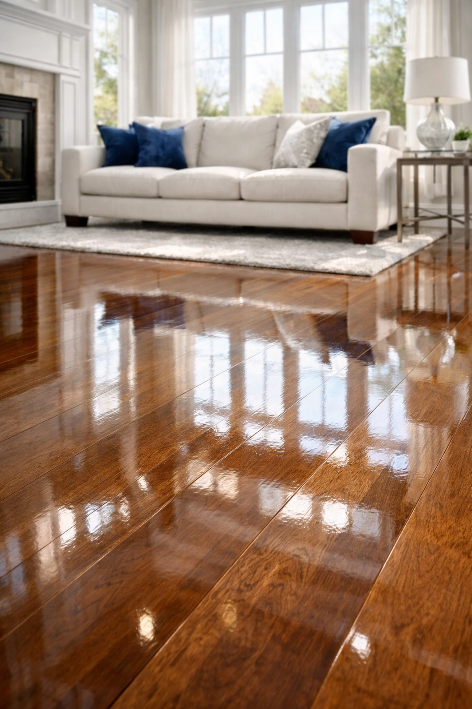 Professional deep cleaning Westford results showing a streak-free hardwood floor in a luxury living room.