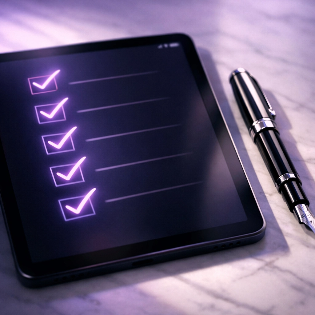 A sleek tablet displaying an AI administrative assistant selection checklist with purple accents.