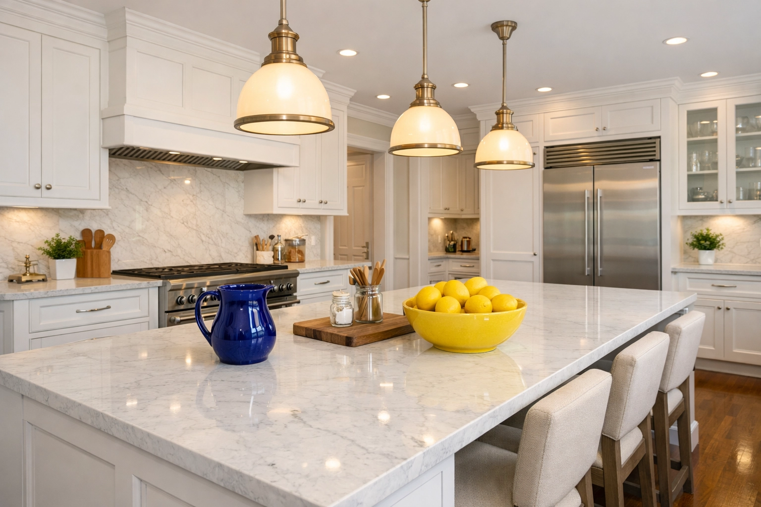 Modern kitchen in Westford with gleaming white countertops, professionally maintained through weekly house cleaning services.