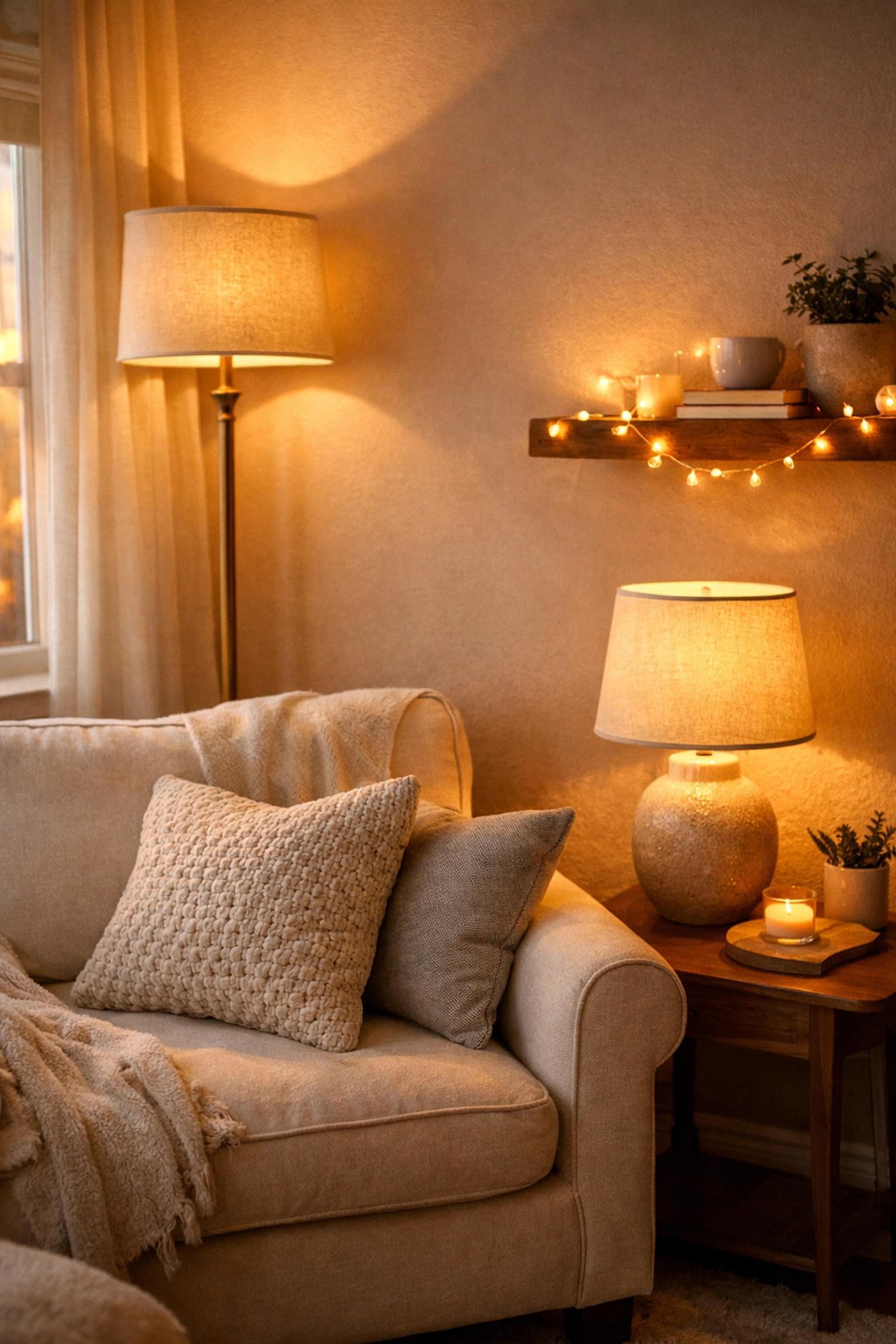 Cozy living room corner with layered lighting from floor lamp, table lamp, and string lights