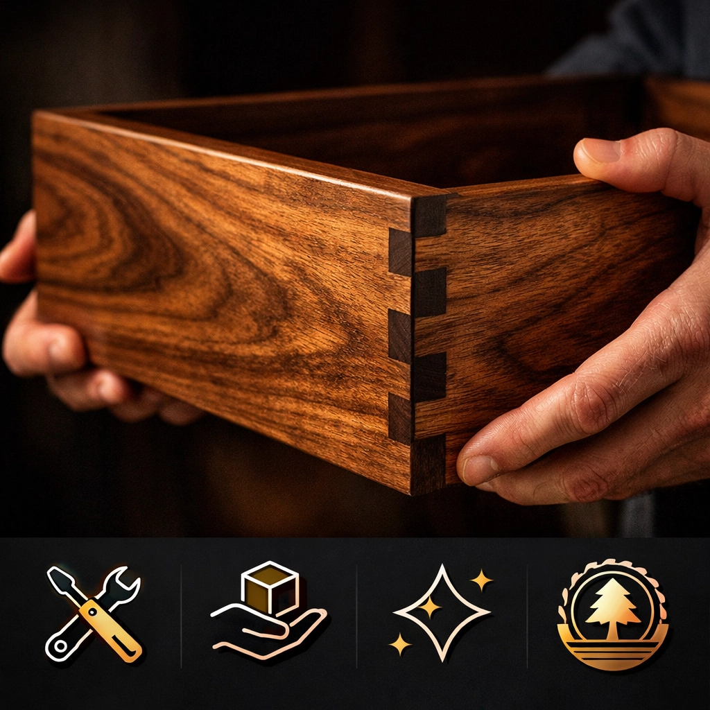 Close-up of dovetail joinery showing quality craftsmanship in solid wood vintage furniture