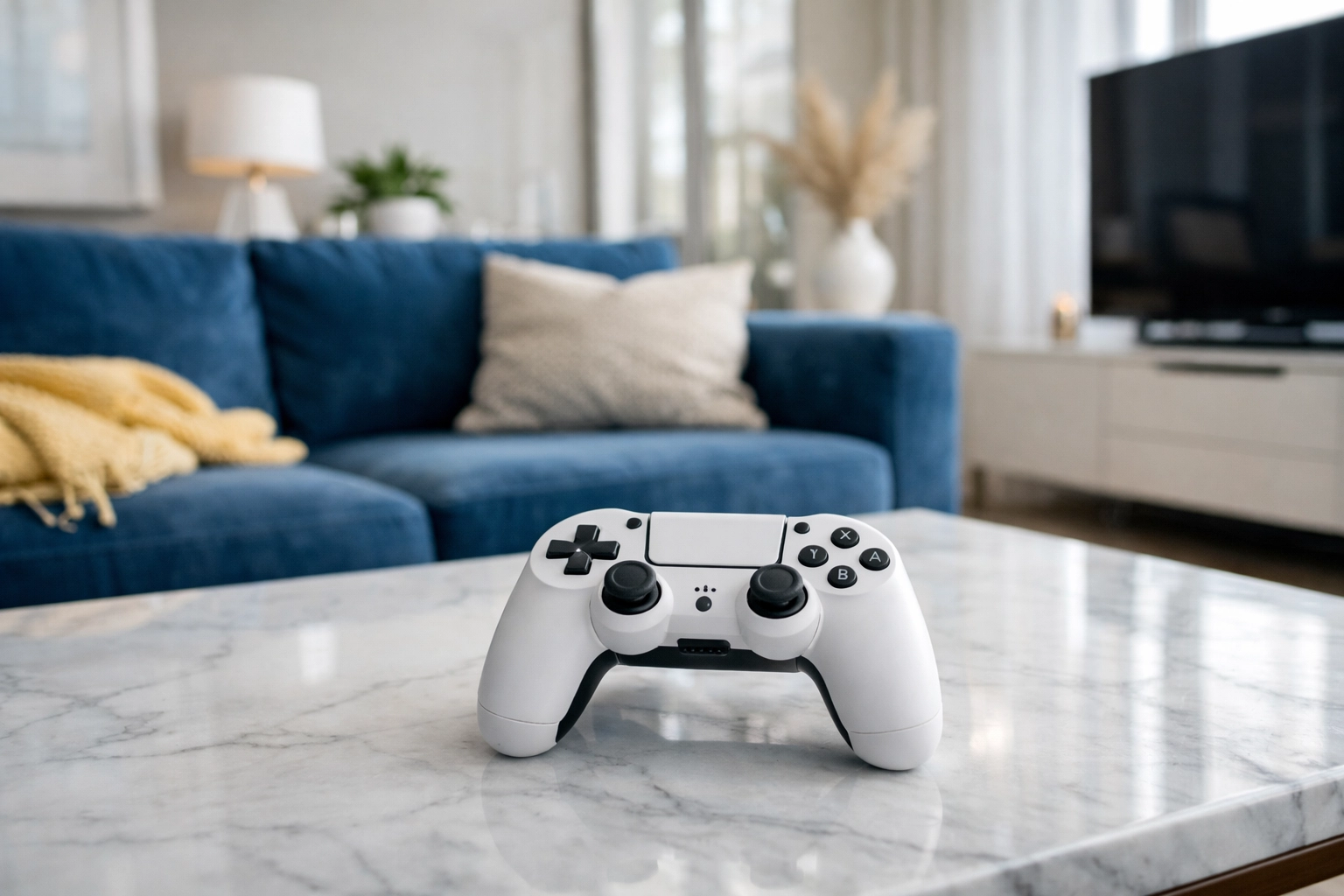 A clean white game controller on a marble coffee table in a modern, organized gaming room.