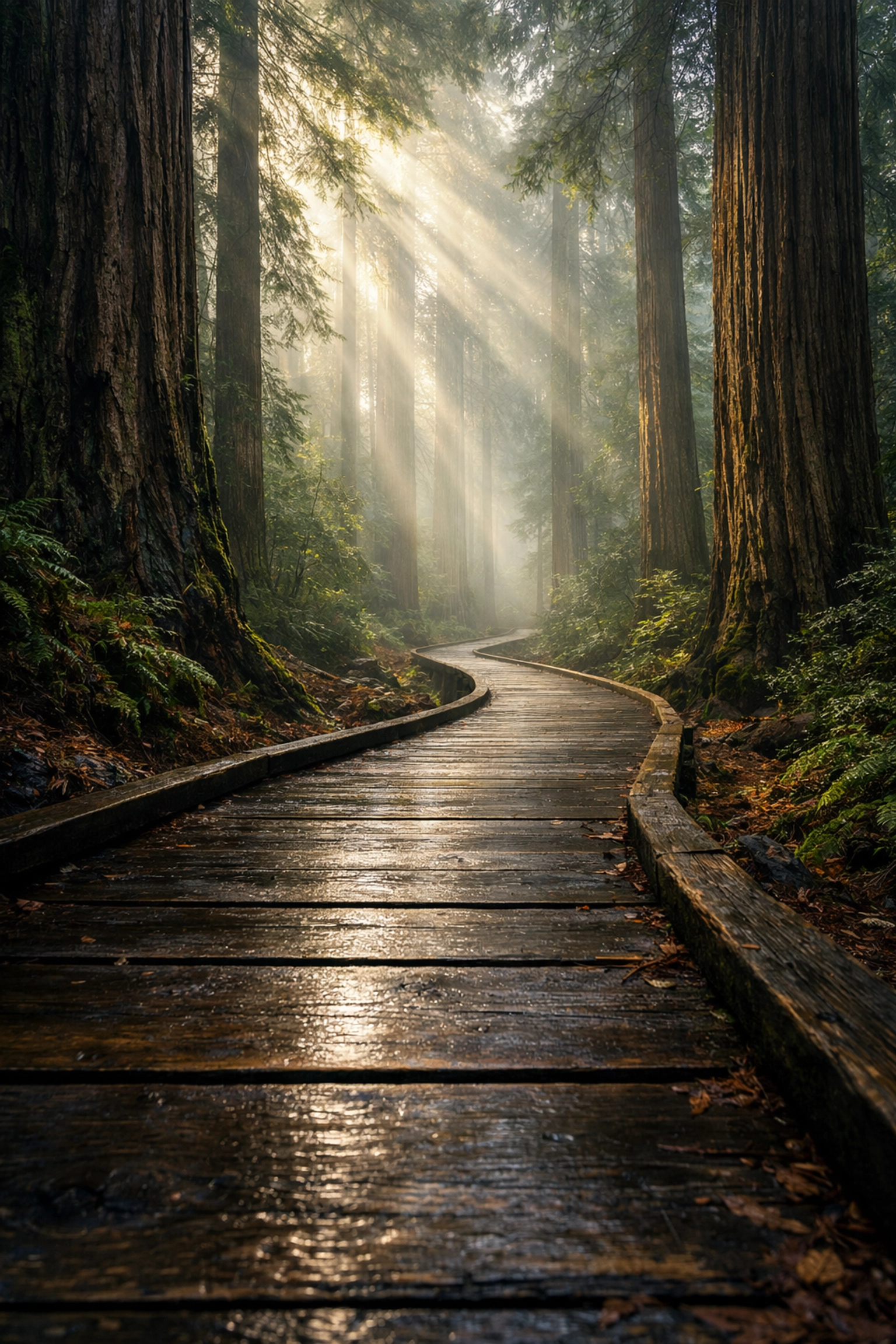 Boardwalk leading lines in a misty redwood forest, a top photo spot for storytelling photography.