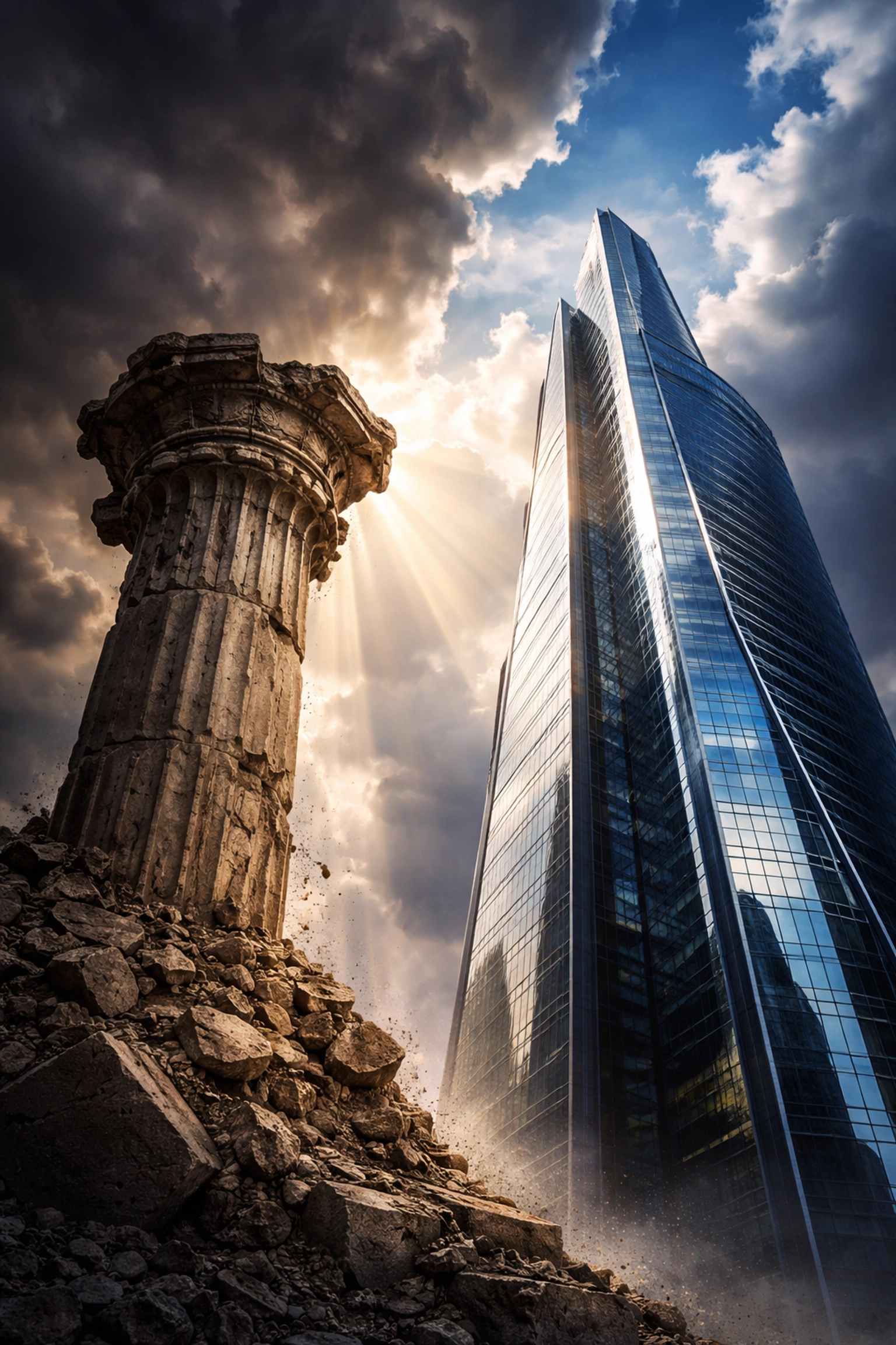 A crumbling pillar beside a modern glass structure illustrating the shift from the traditional 60/40 to the 40/30/30 investment model.