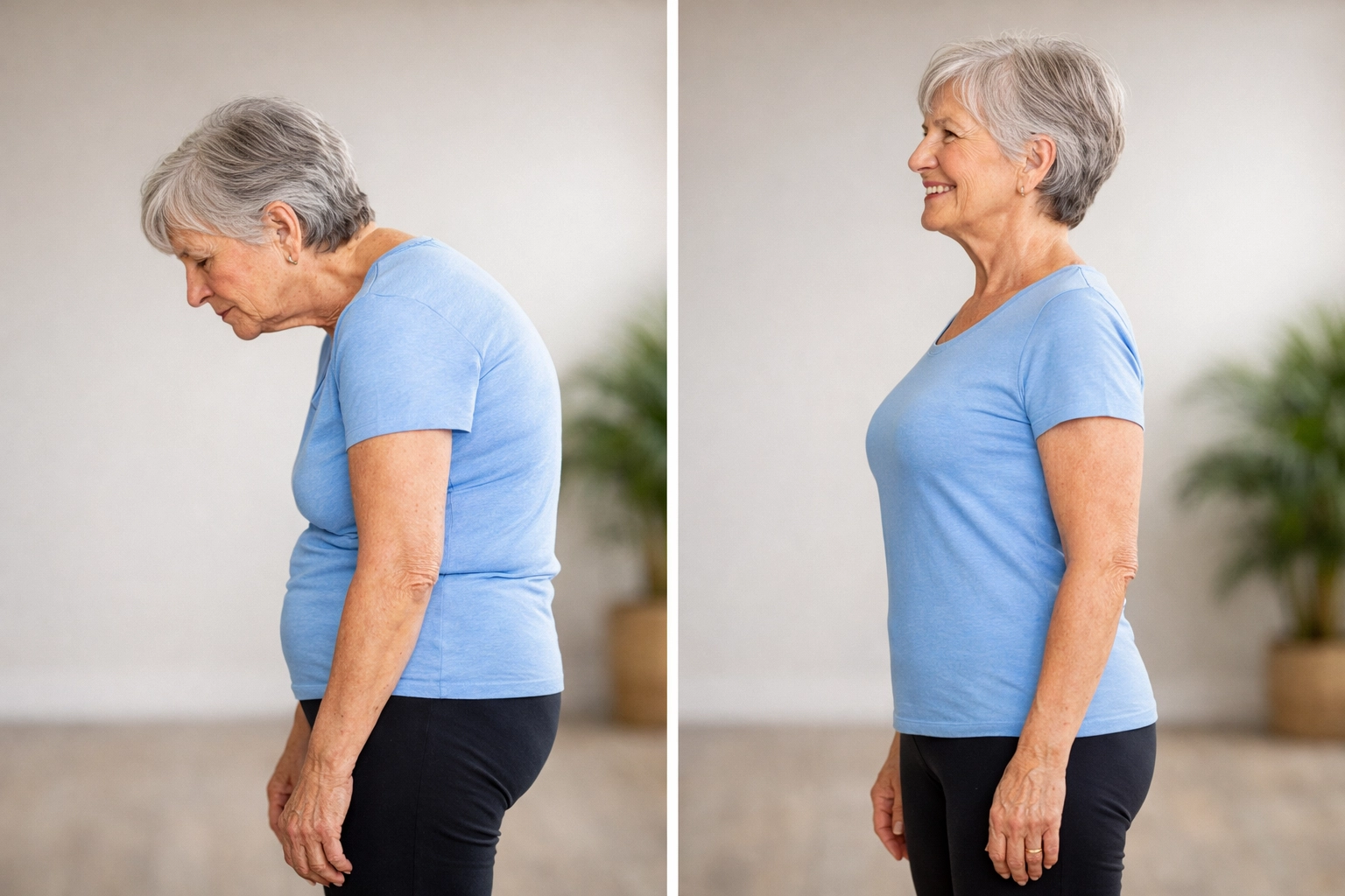 Comparison of poor hunched posture versus proper upright posture in older adults
