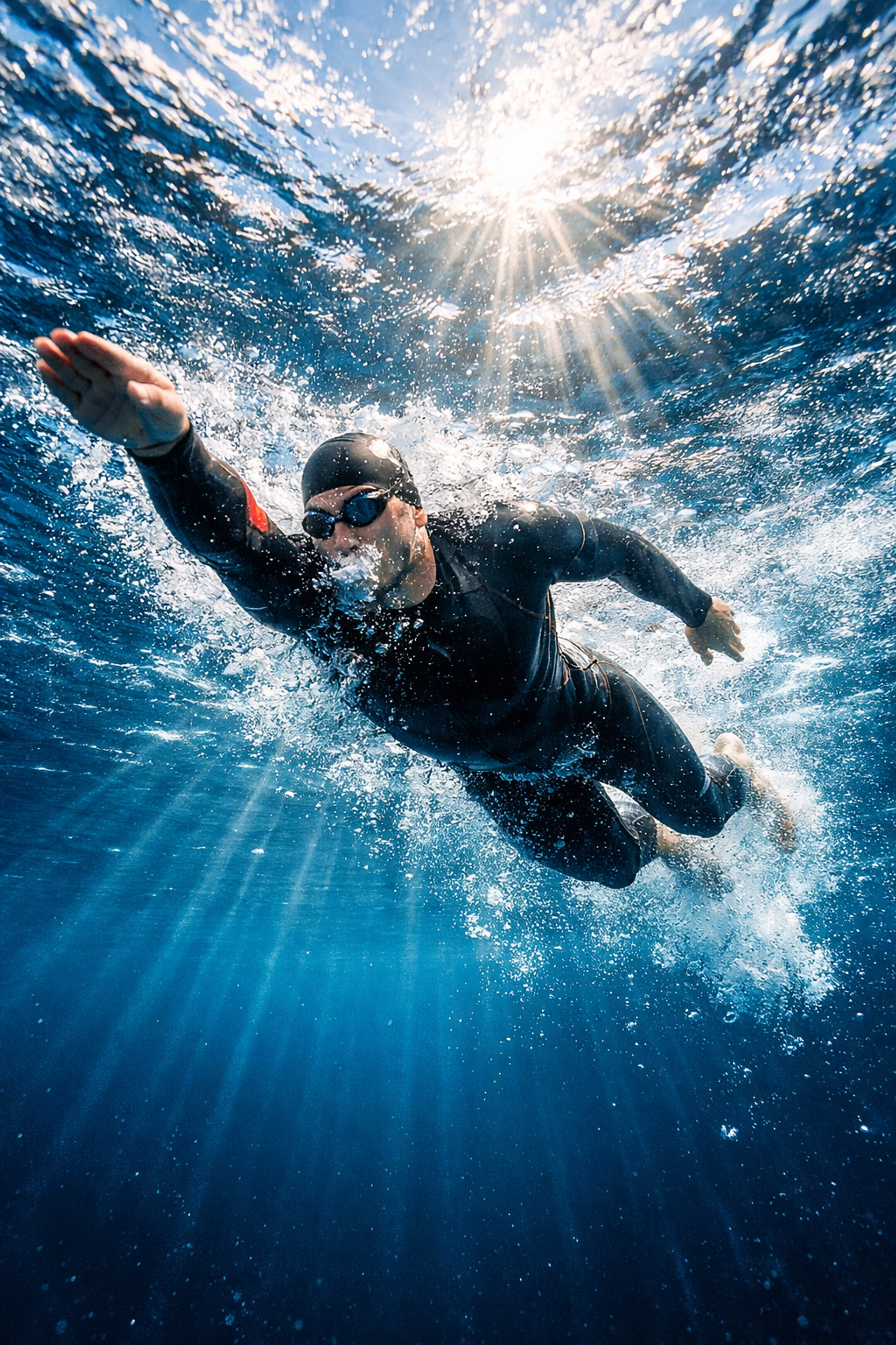 Triatleta nadando en aguas abiertas con neopreno durante competición de triatlón