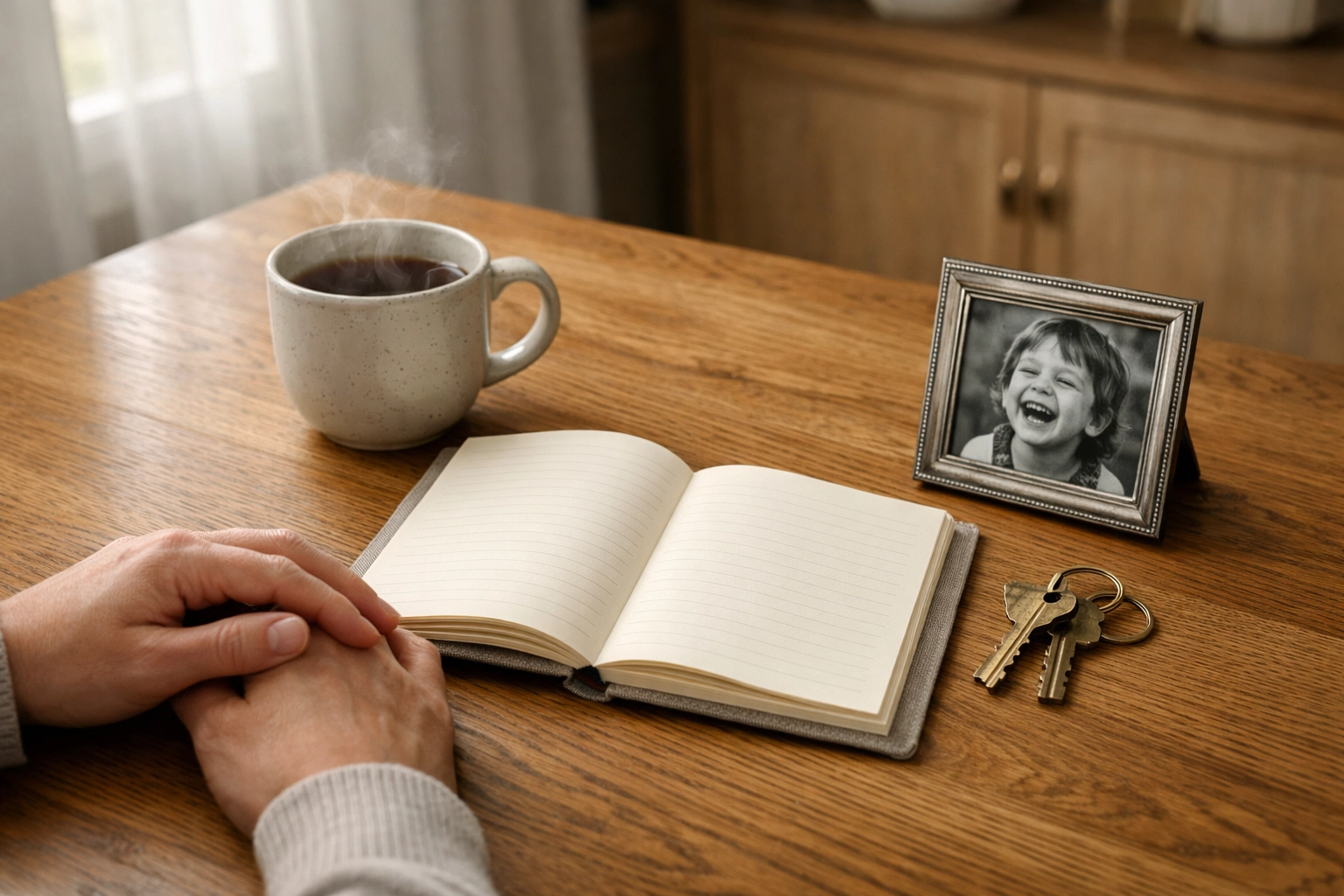 A peaceful scene with a child's photo and keys, representing a family's heart-based asset inventory.