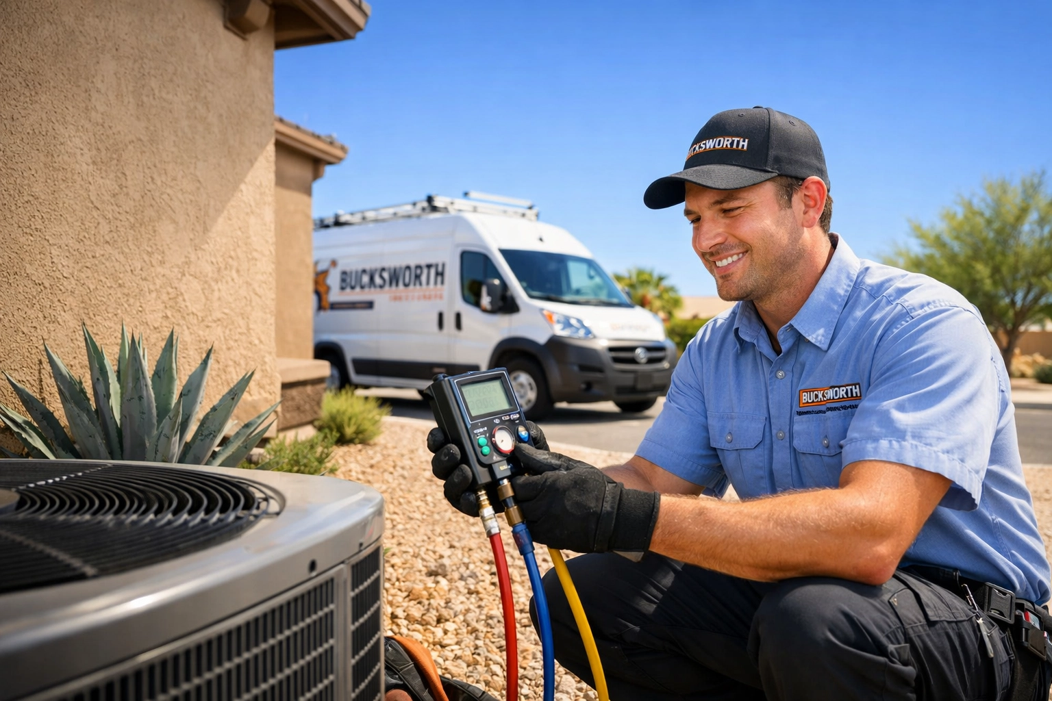 Bucksworth technician performing professional AC maintenance in Mesa, AZ to prepare a home for triple-digit heat.