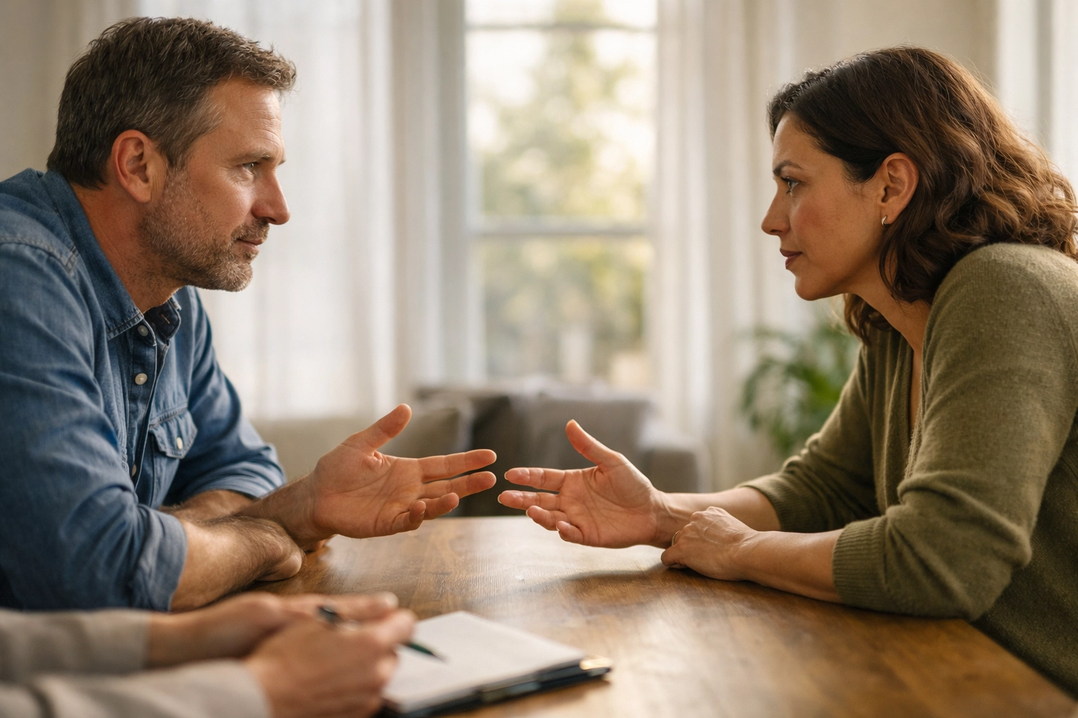 Parents in mediation session resolving custody violations with neutral mediator