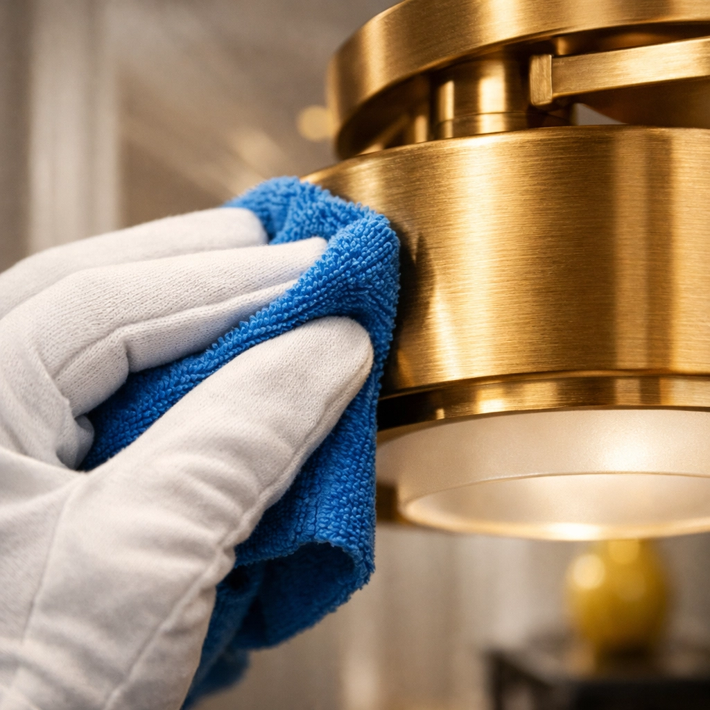 Detailed residential cleaning Massachusetts service polishing a modern light fixture in a Dover estate.