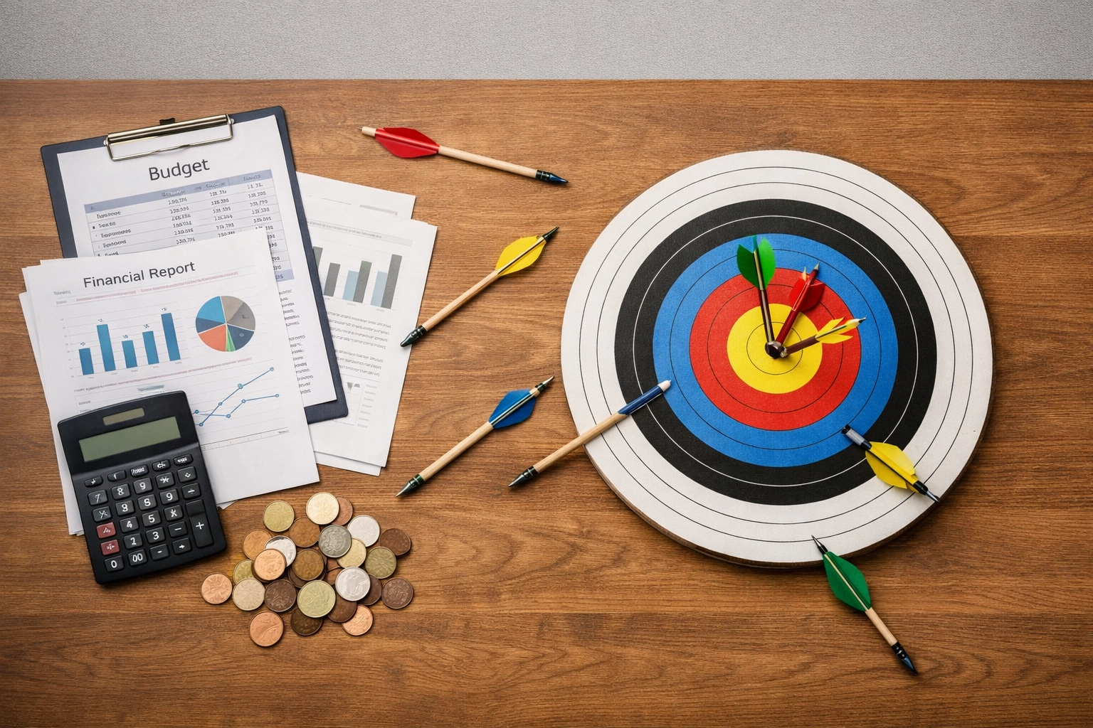 Target with arrows and financial documents illustrating hitting financial goals through stewardship