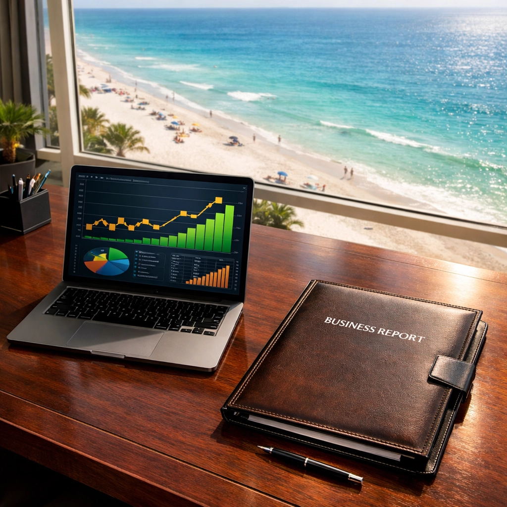 Professional business valuation Florida report on a desk overlooking the Fort Myers Beach coastline.