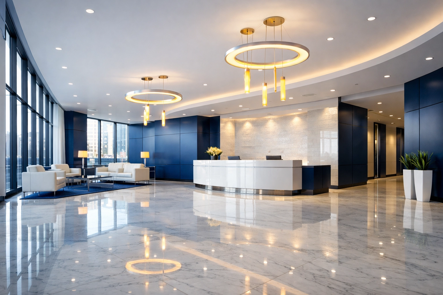 Pristine commercial lobby in Medfield with polished marble floors showing expert floor maintenance.