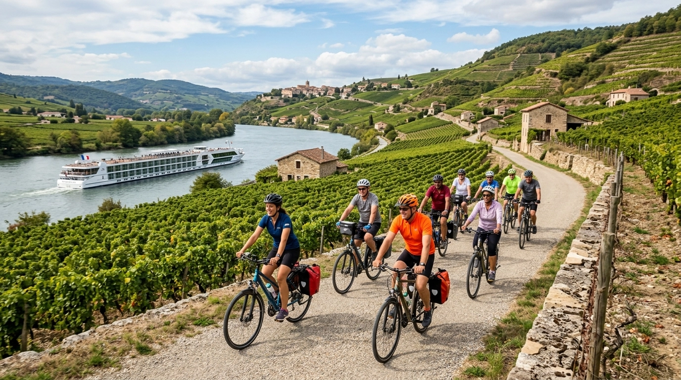 A group of travelers on a guided bicycle tour through a scenic French vineyard