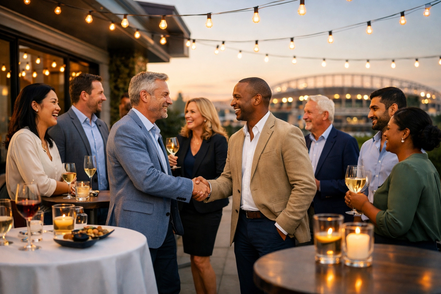 Business executives networking at exclusive Super Bowl rooftop venue with stadium views