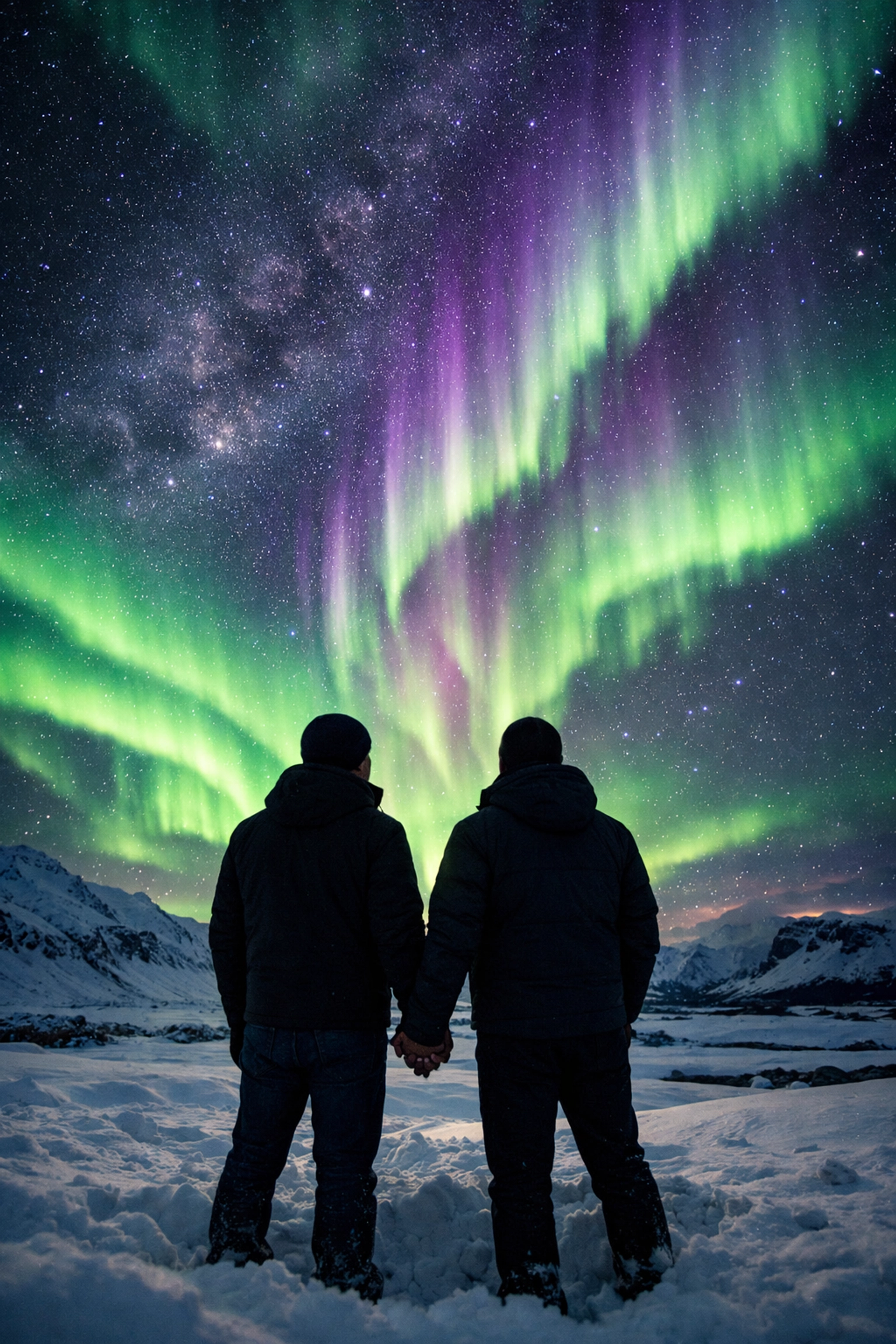Gay honeymoon couple watching Northern Lights aurora borealis in Iceland