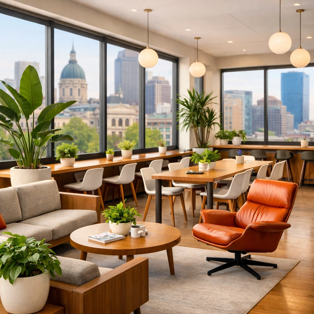 A clean and dust-free modern office lounge in Indianapolis with minimalist furniture and city skyline views.