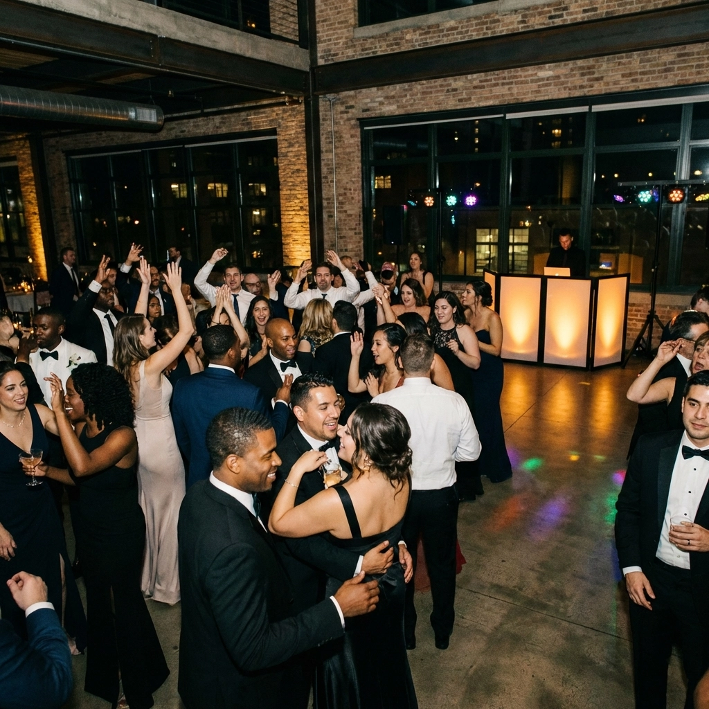 Wedding guests of all backgrounds celebrating on a dance floor in a modern Chicago loft with DJ setup