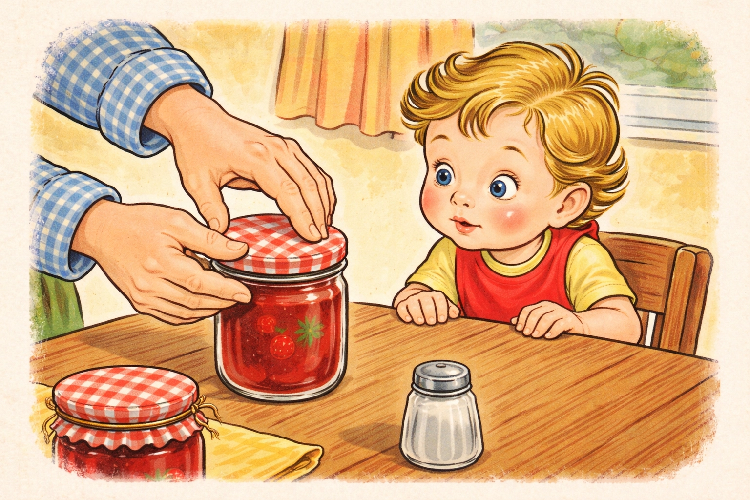 Parent demonstrating matching a lid to a jar as a curious toddler observes, teaching fine motor skills