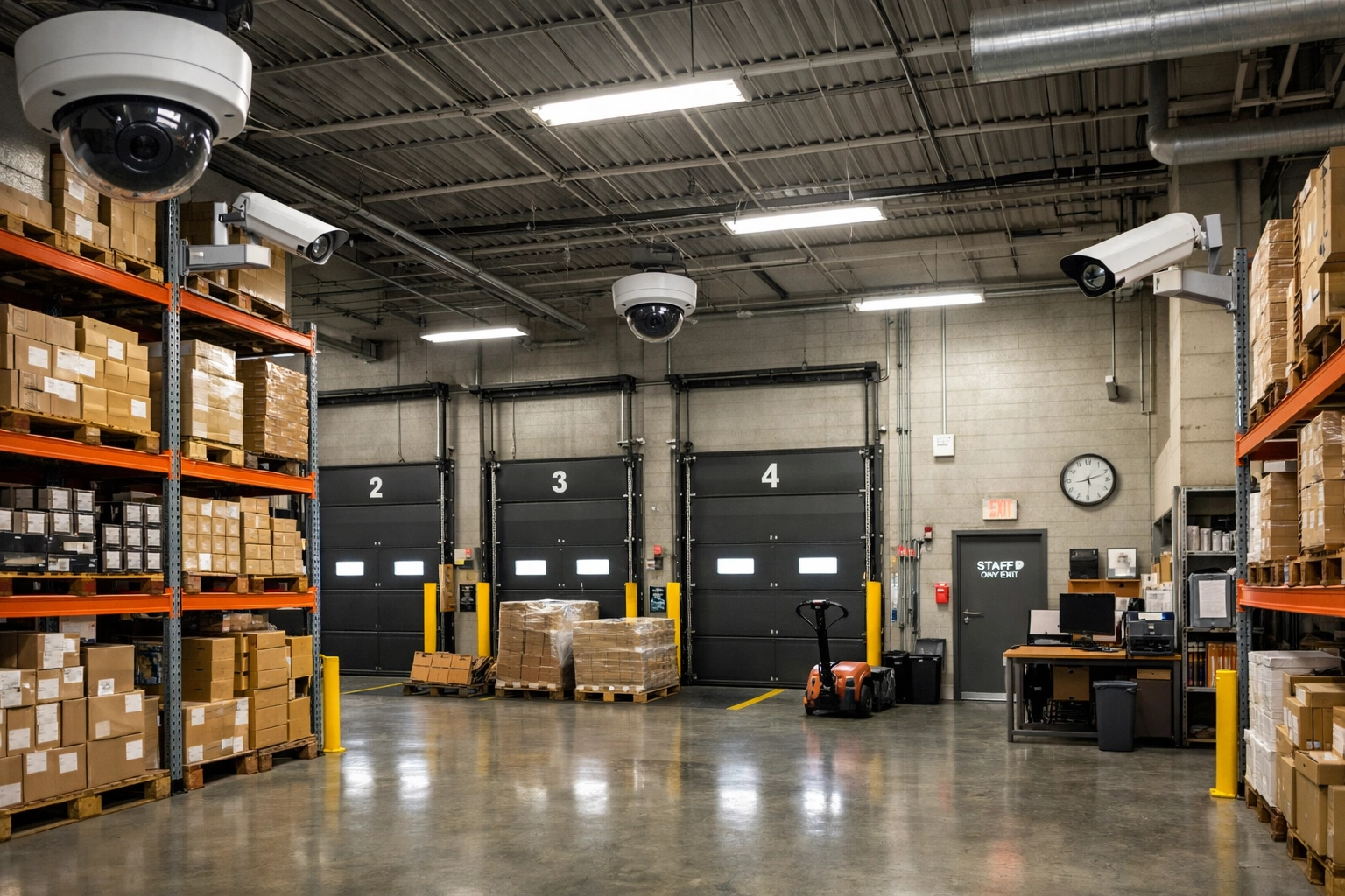 Warehouse stockroom with strategically positioned security cameras for loss prevention