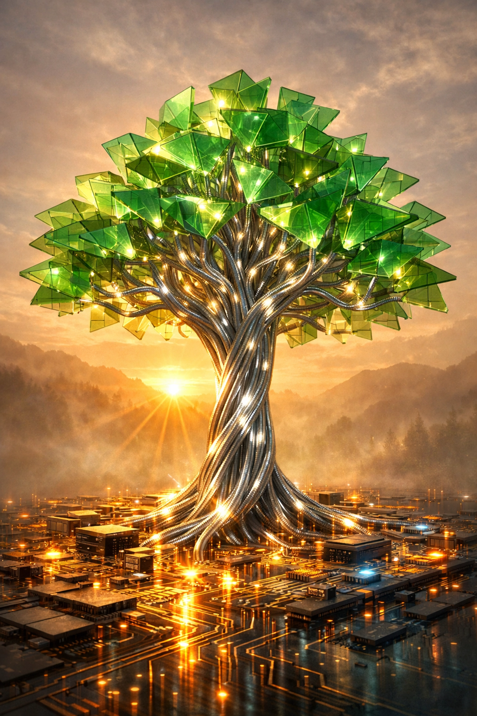 A digital wealth tree growing from circuit boards symbolizing a diversified investment portfolio roadmap.