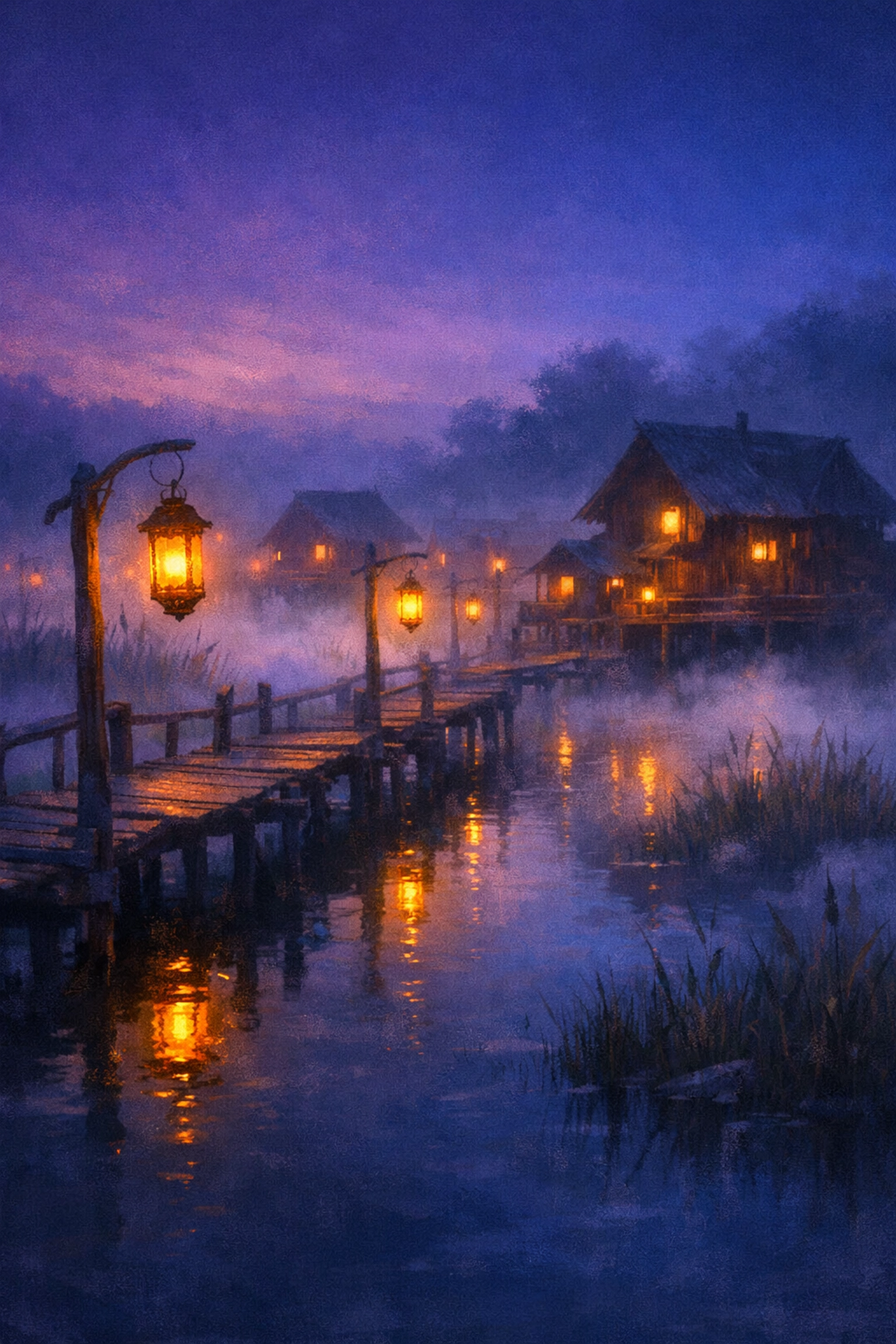 Candlefen fen village with lantern-lit boardwalks over misty waters in the heartland of Cantorin