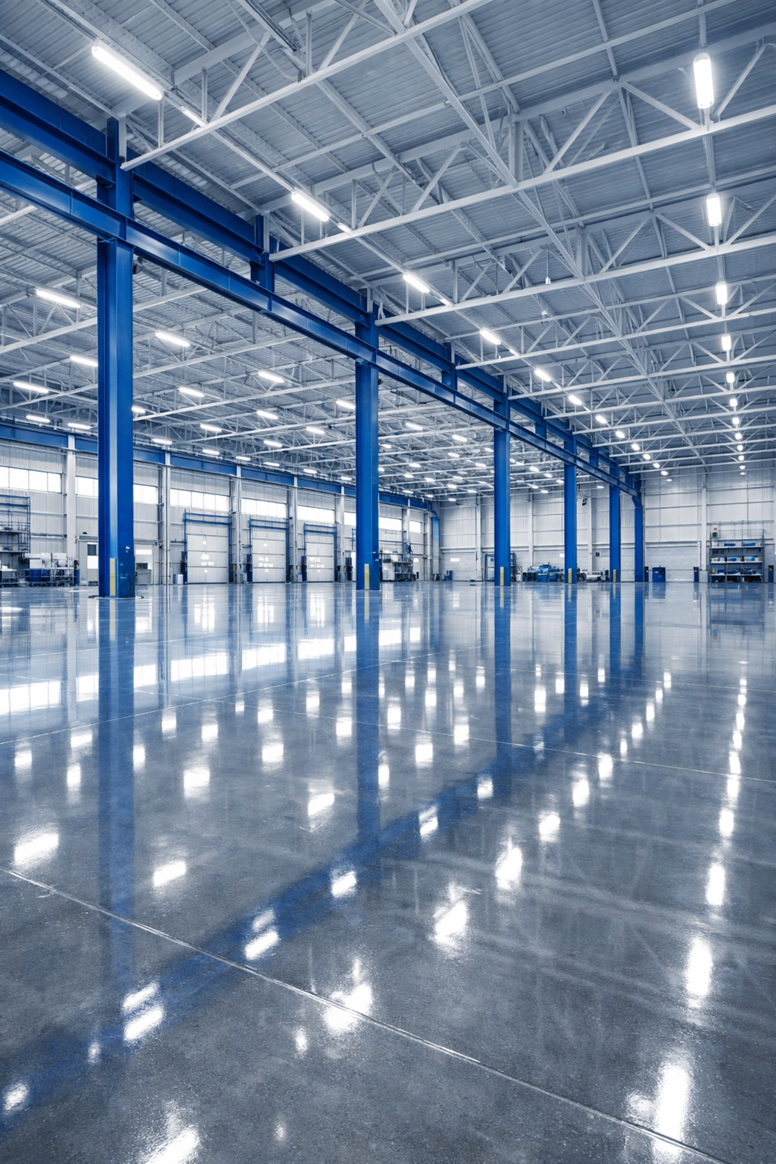 Spotless industrial warehouse in Framingham with polished concrete floors from expert commercial cleaning services.
