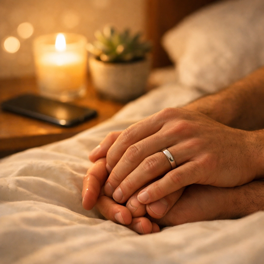 Gay couple's intertwined hands with phone face-down, prioritizing intimate connection