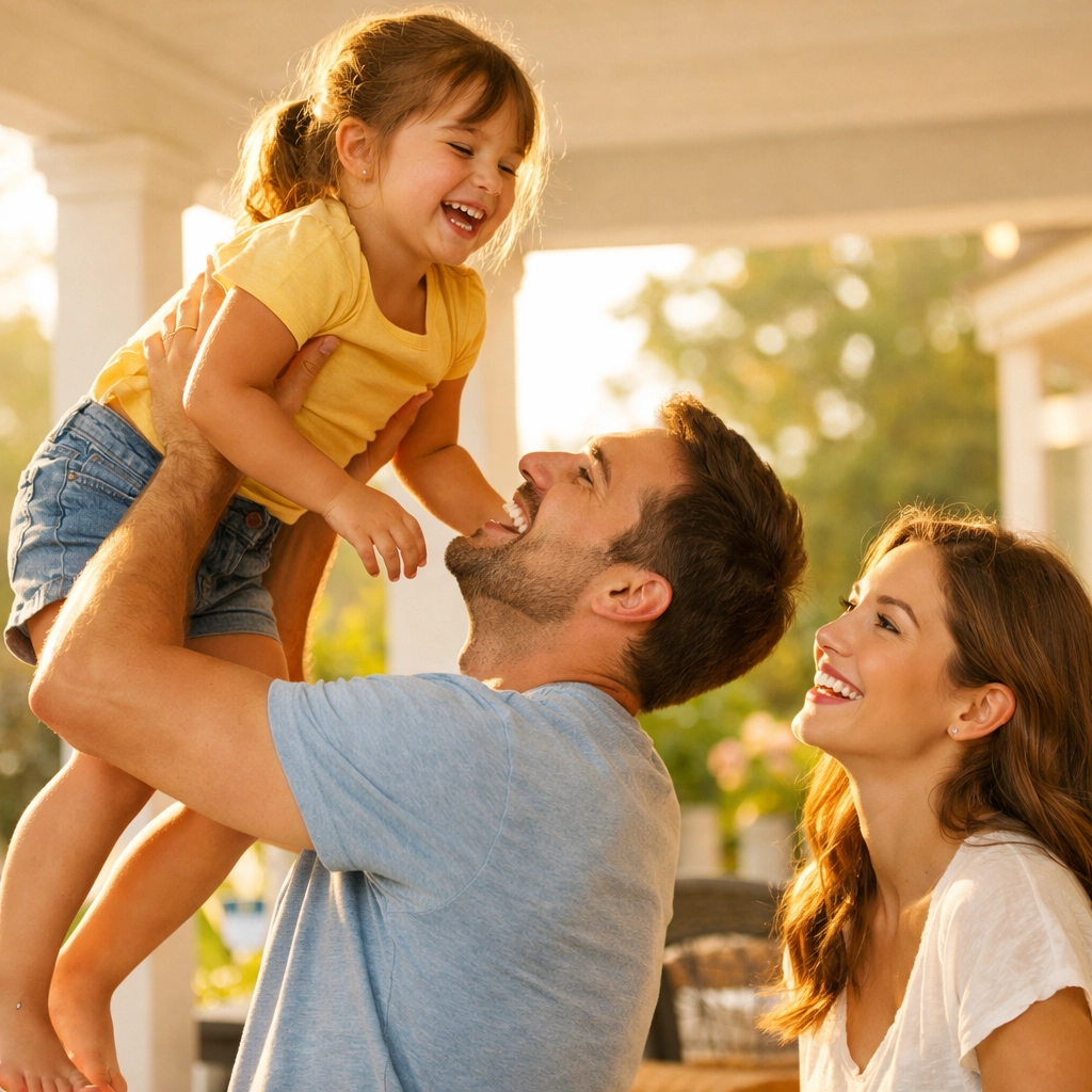 Happy family on a sun-drenched porch enjoying peace of mind after securing life insurance coverage.