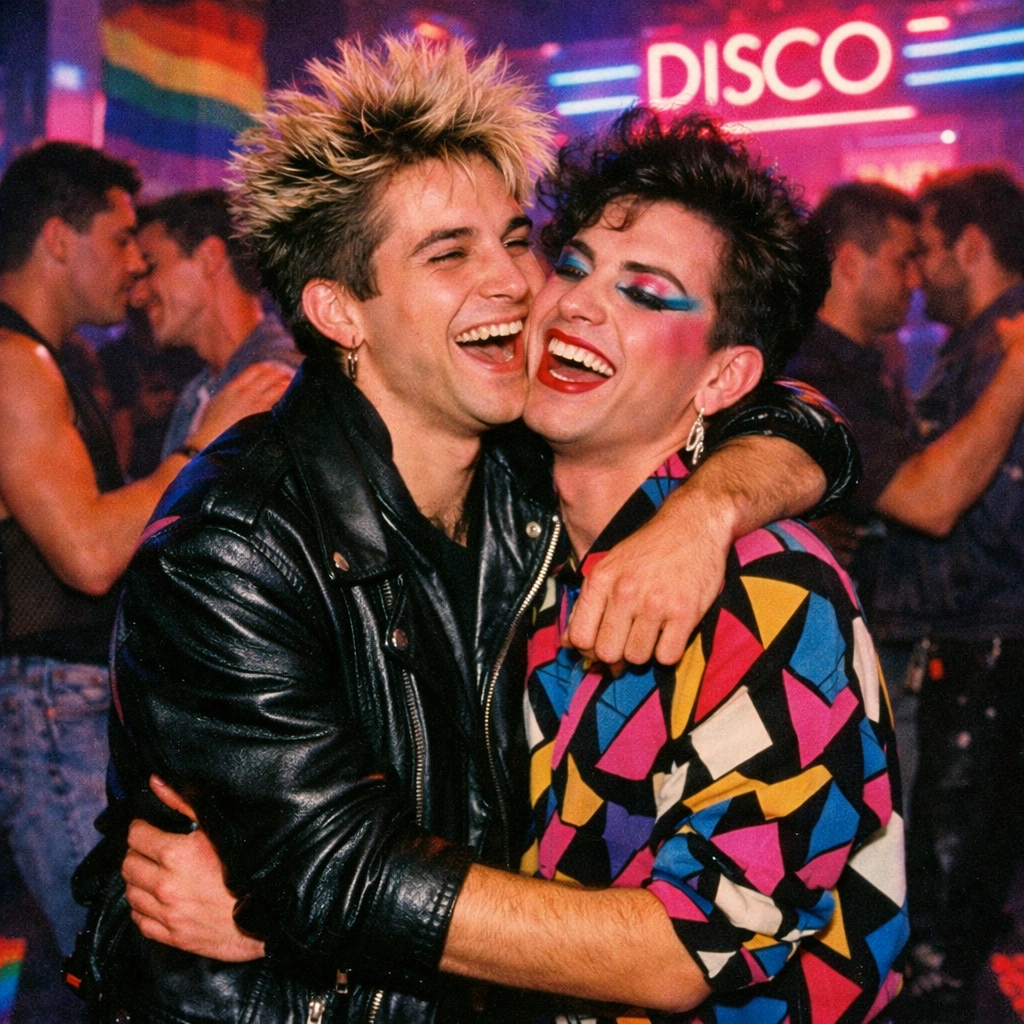 Gay men celebrating freedom at Madrid nightclub during La Movida Madrileña in 1980s