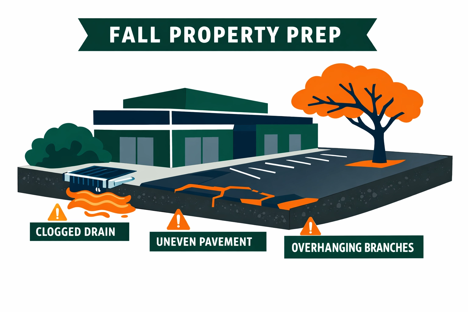 Commercial property site assessment showing drainage and maintenance issues before winter