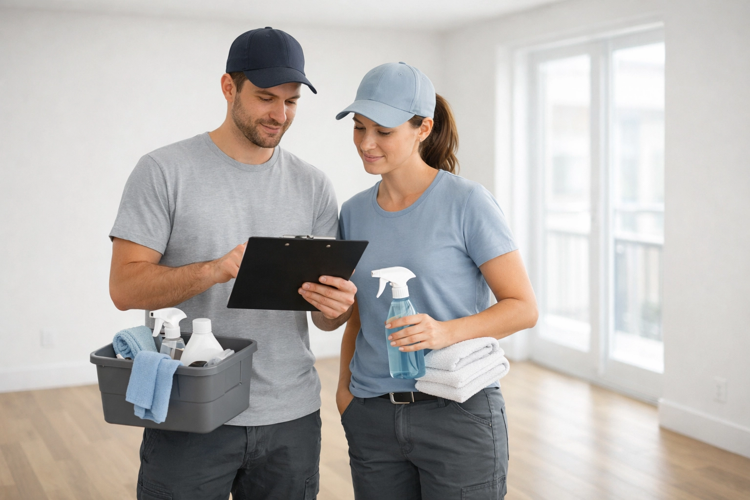 Professional cleaning crew reviewing apartment turnover checklist with supplies