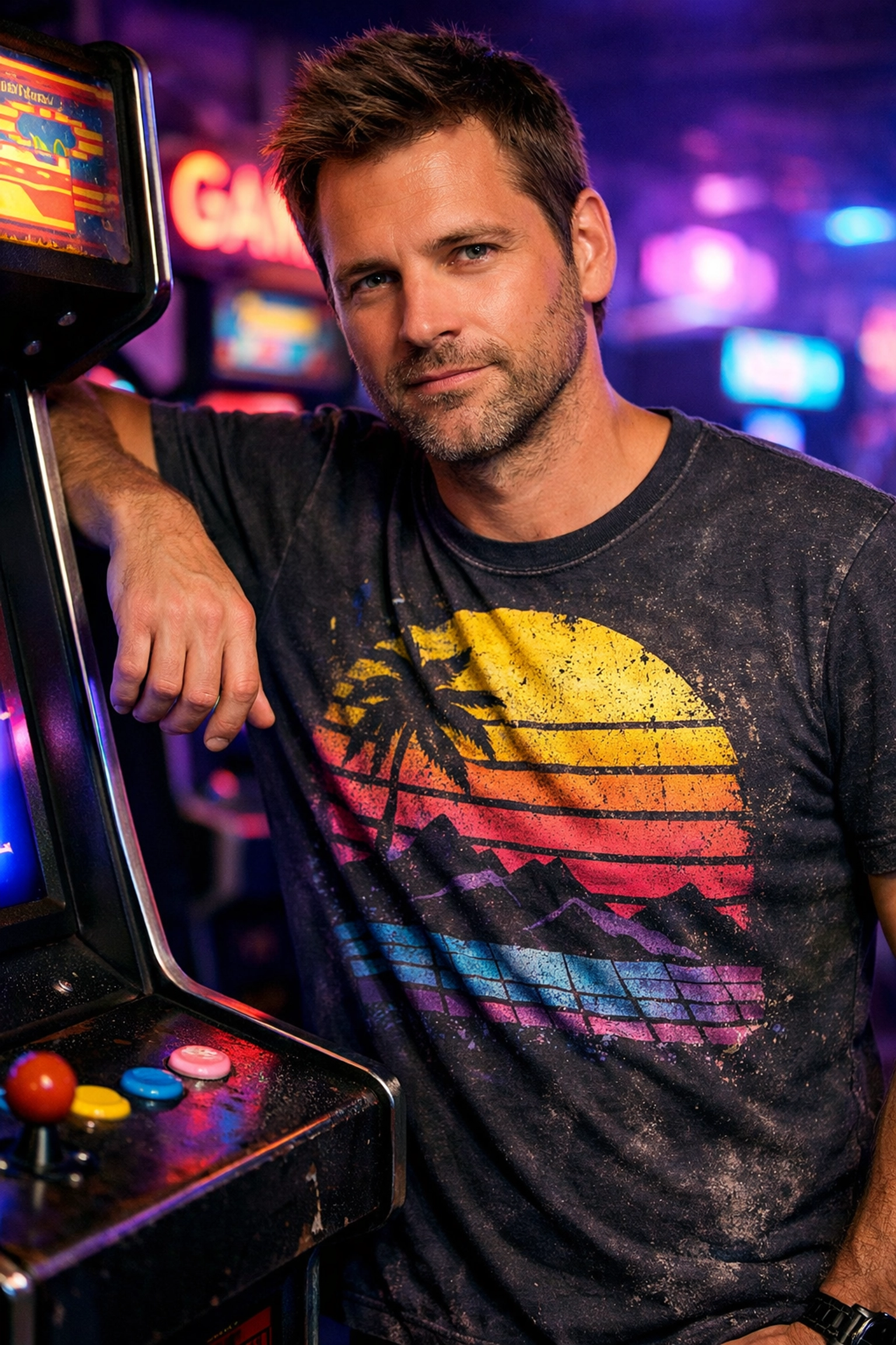 Man in retro movie T-shirt playing 80s arcade games, perfect nostalgic Father's Day apparel.