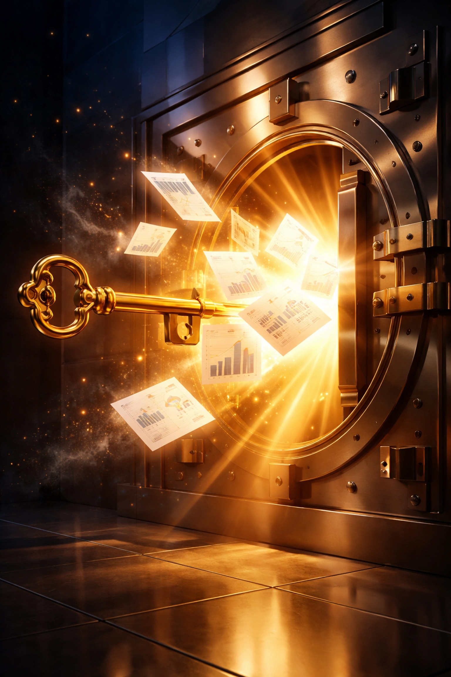 A golden key unlocking a vault, symbolizing exclusive investment access for accredited investors.