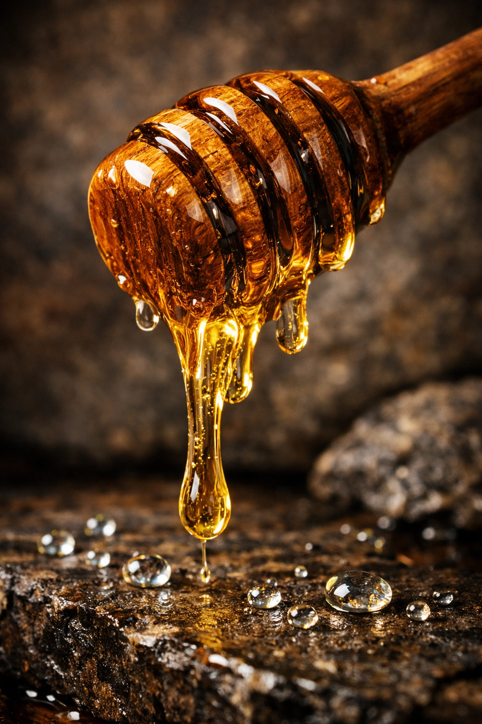 Pure raw honey drizzling from a dipper, a natural humectant used in tallow and honey balm for hydration.