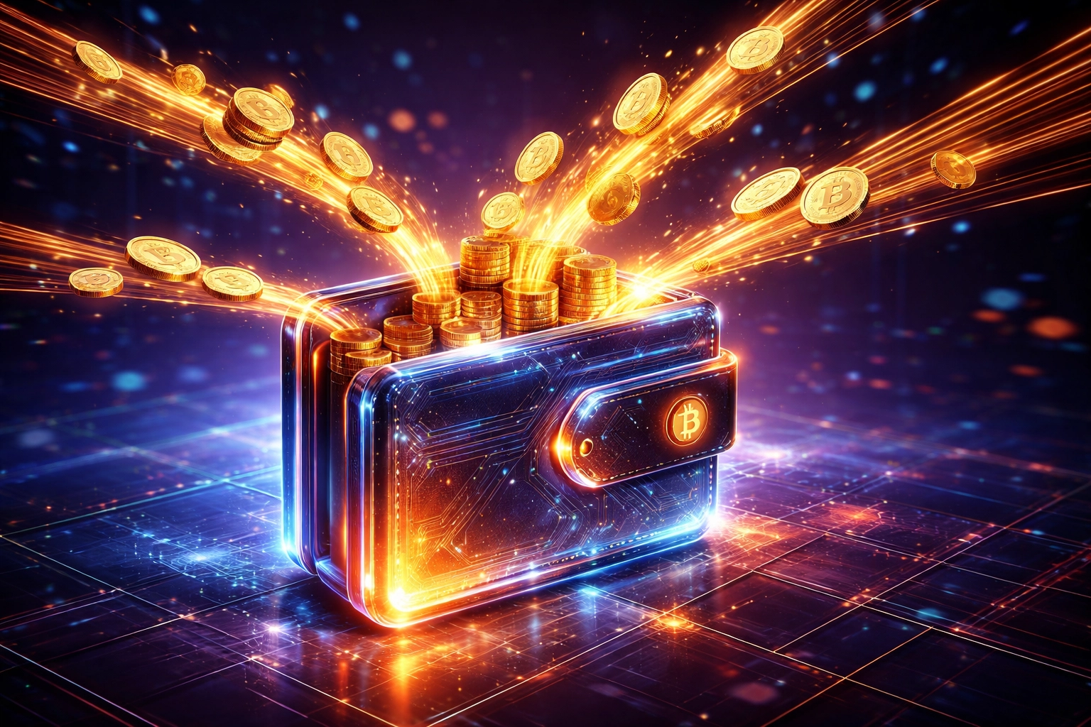 Digital wallet representing self-custody for merchants with cryptocurrency coins flowing in, highlighting secure Web3 global payments.