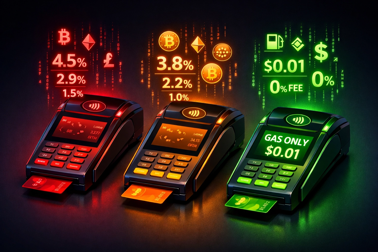 Comparison of crypto payment terminals showing NOWPayments and CoinPayments percentage fees versus Larecoin gas-only model